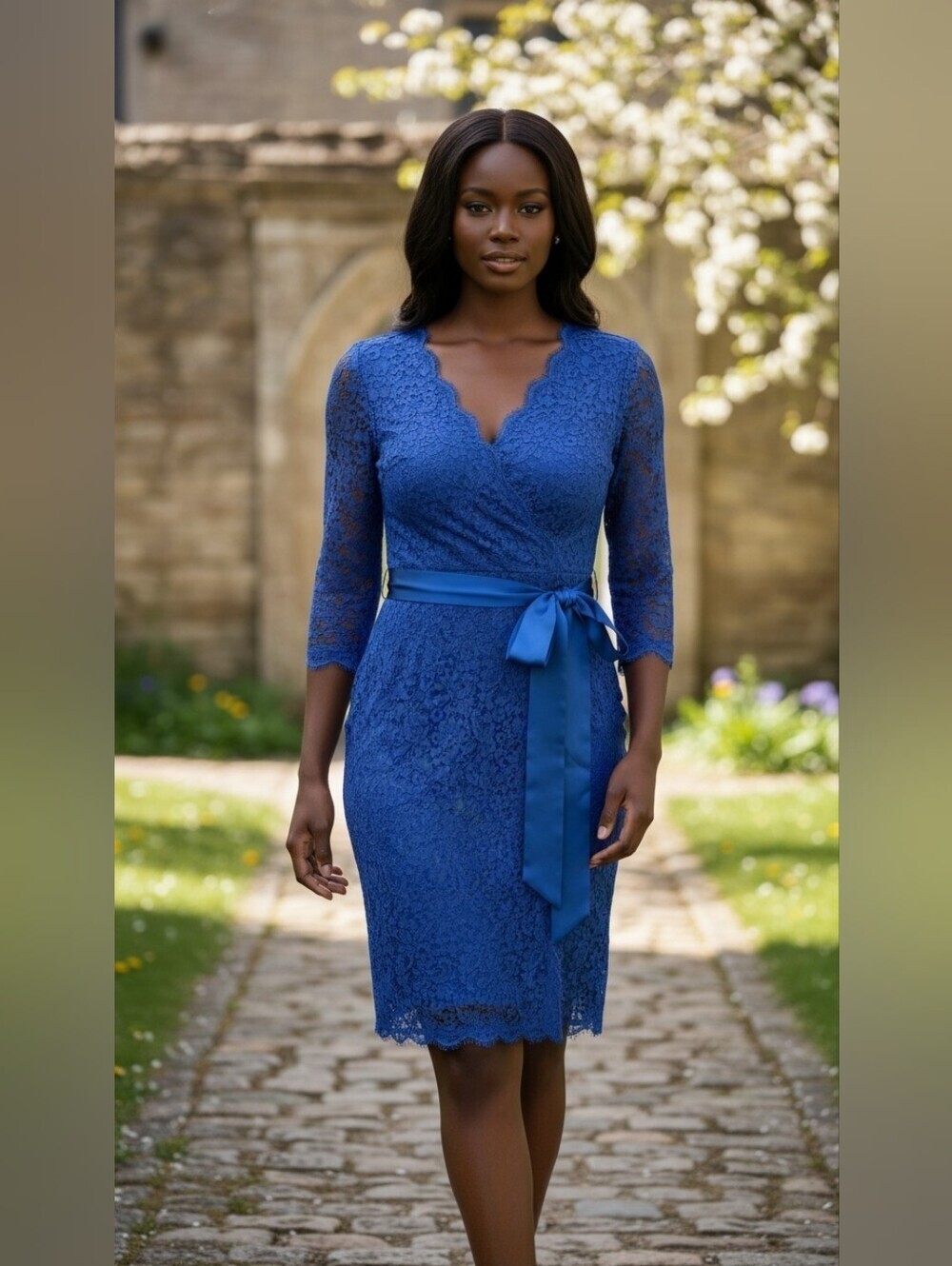 Adrianna Papell Royal Blue Lace Cocktail Dress Satin Belt Size 16 NWT